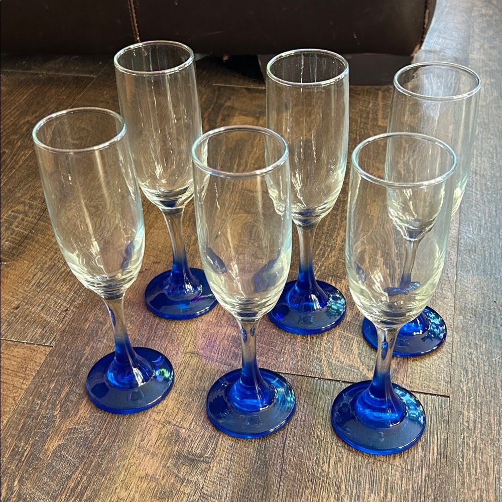 Hand‎ Blown Elegant Blue Stem Champagne Flutes Vintage Cobalt Set of 6 Mexico